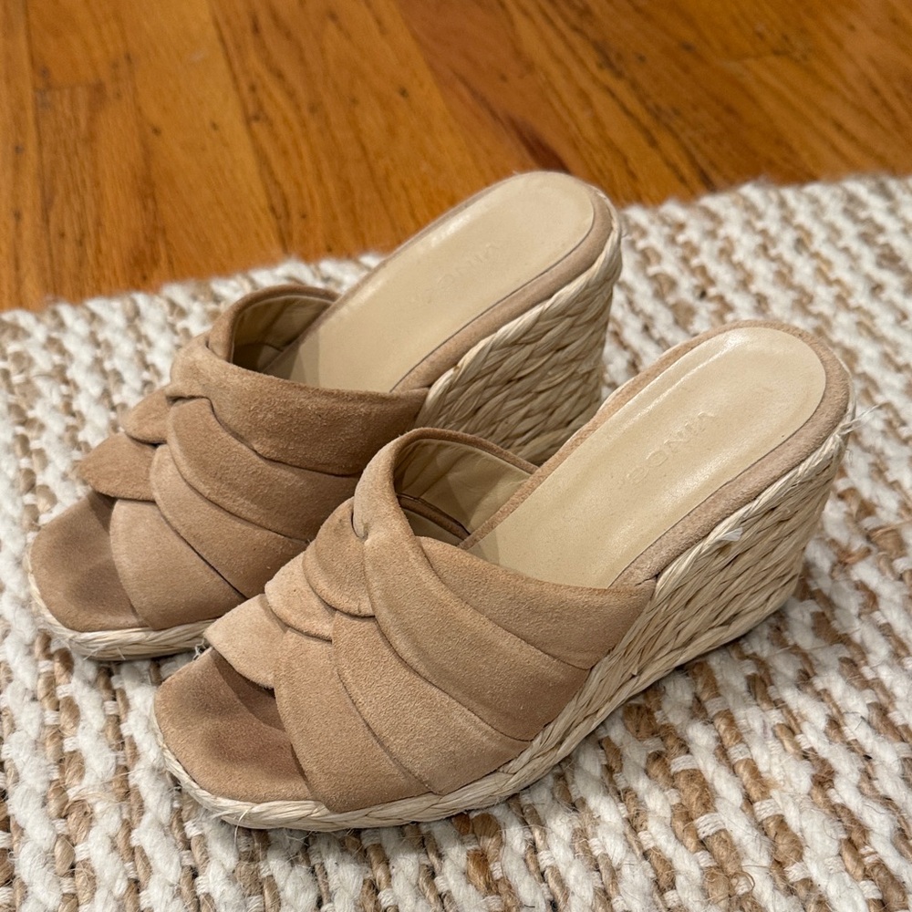 Vince Beige Woven Wedge Sandals